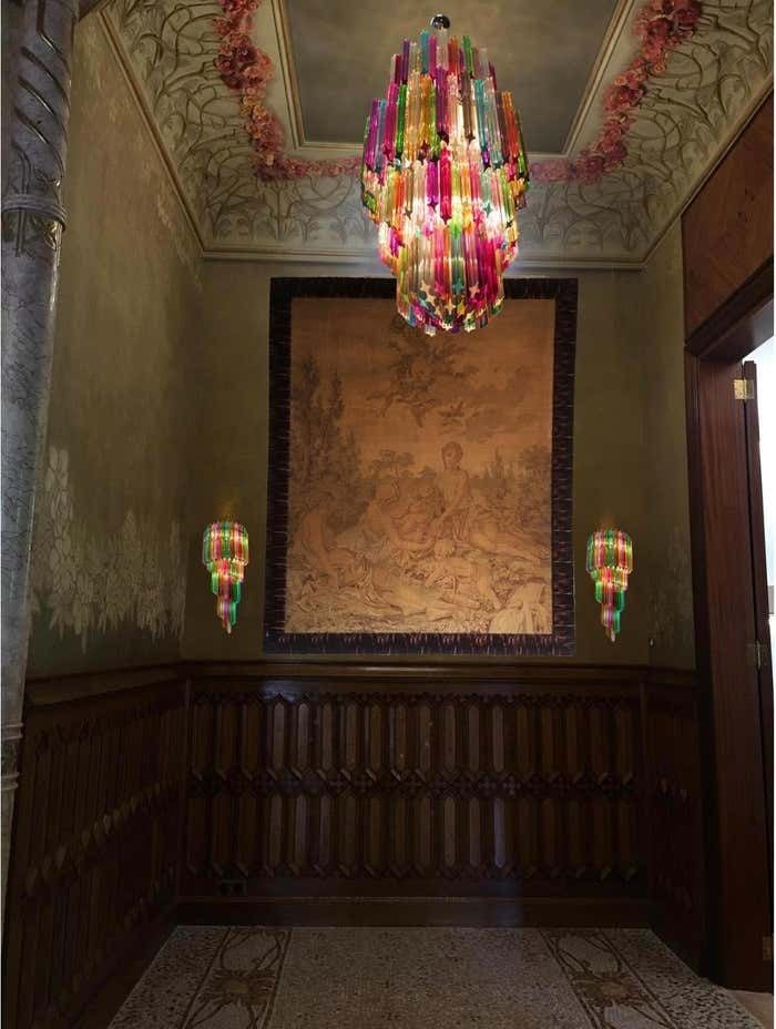 Trio Of Monumental Multicolored Prism Chandeliers, Murano photo Lighting