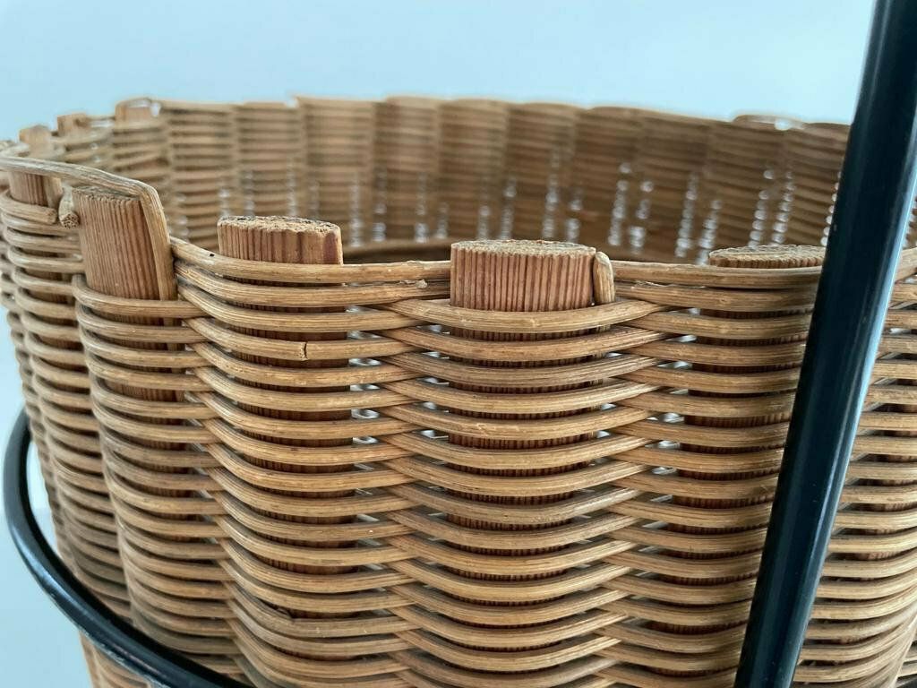 photo furniture Wicker And Black Metal Round Serving Bar Cart, 1960s, Germany
