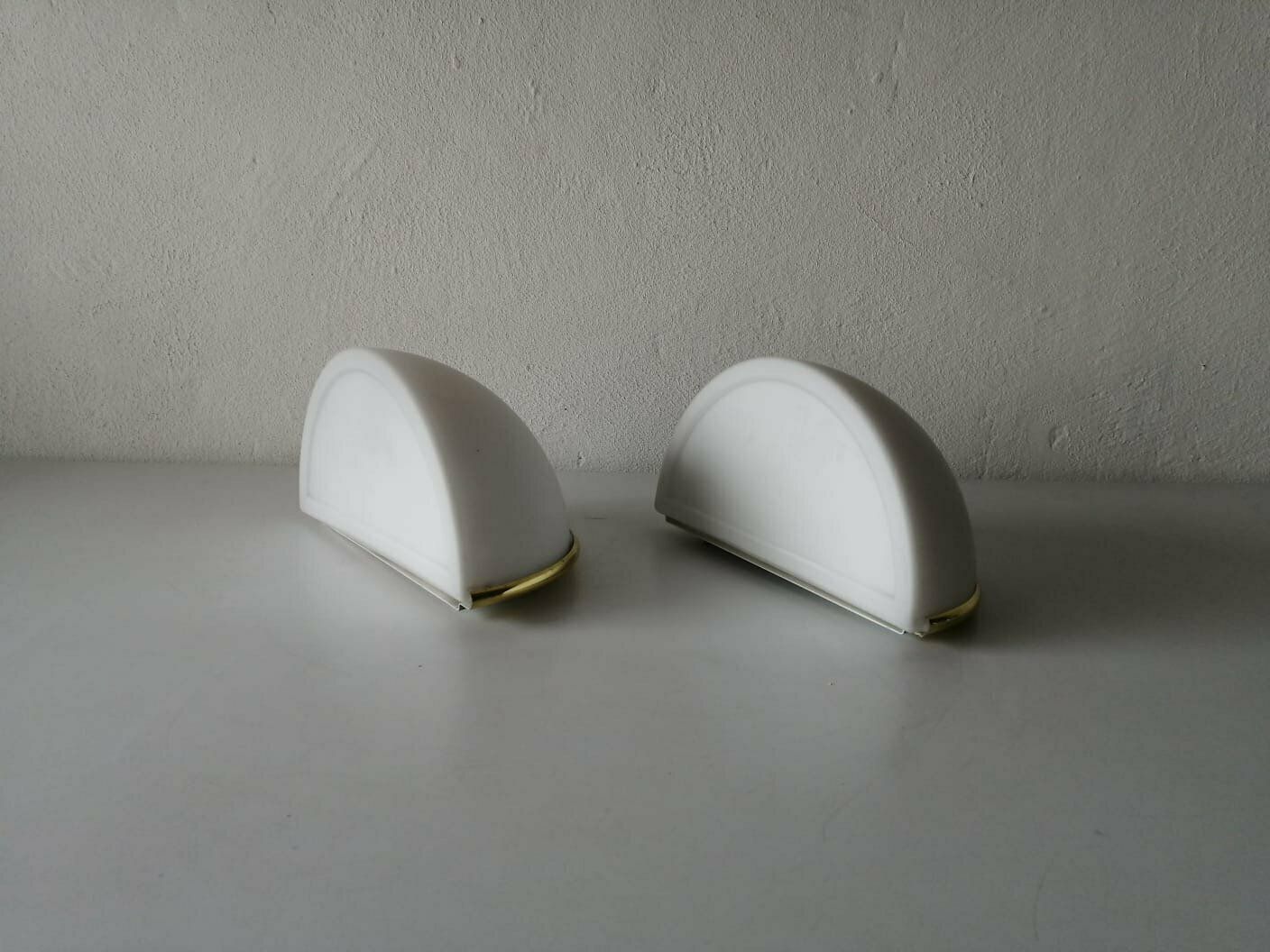 Limburg Half Moon Opal Glass & Gold Metal Frame Pair Of Sconces, 1980s Germany photo vinterior