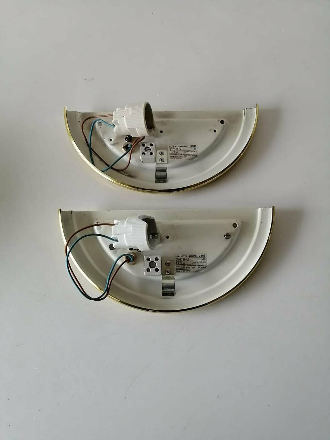 photo furniture Limburg Half Moon Opal Glass & Gold Metal Frame Pair Of Sconces, 1980s Germany