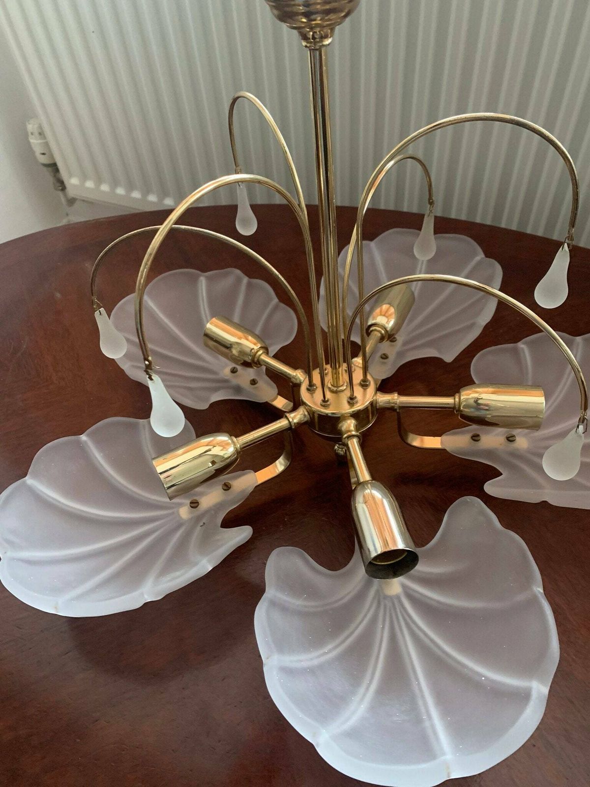 Vintage 80s Brass & Opaque Five Branch Glass Clam/Scallop Shell Chandelier/Ceiling Light C/W Glass Droplets photo furniture