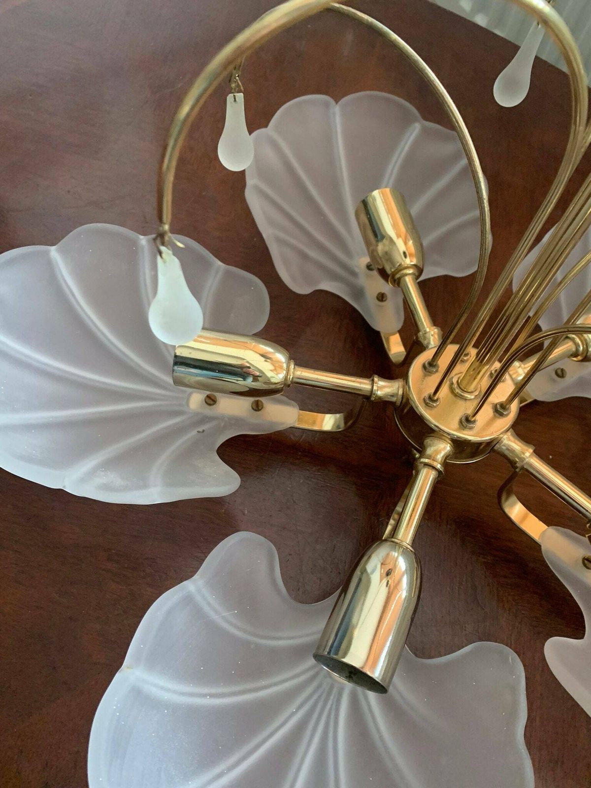 Vintage 80s Brass & Opaque Five Branch Glass Clam/Scallop Shell Chandelier/Ceiling Light C/W Glass Droplets photo vinterior
