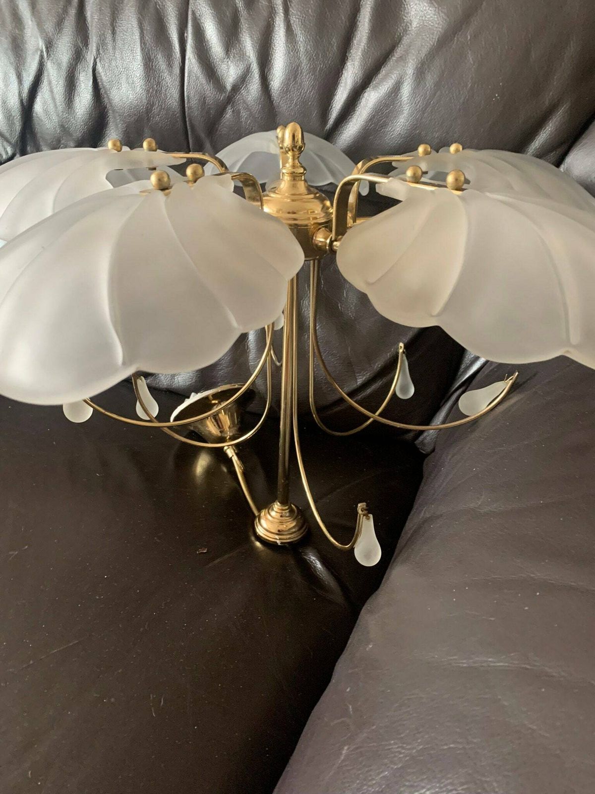 photo furniture Vintage 80s Brass & Opaque Five Branch Glass Clam/Scallop Shell Chandelier/Ceiling Light C/W Glass Droplets