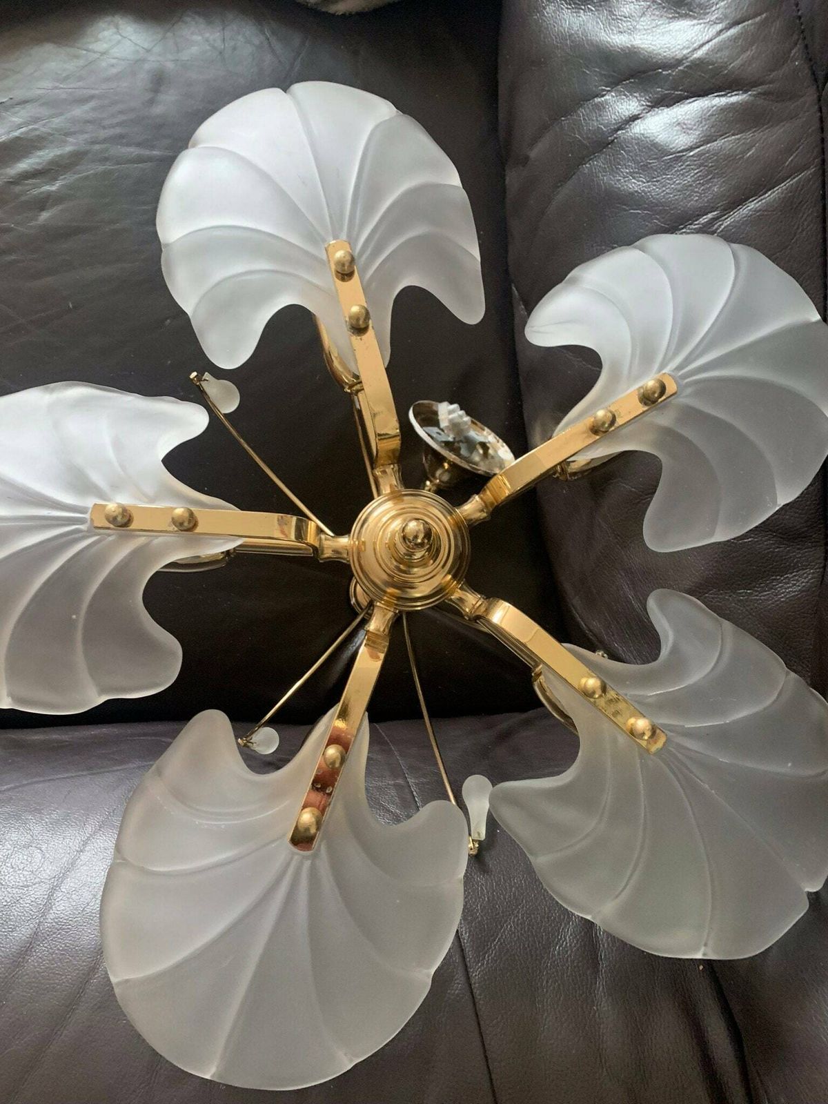 photo for sale Vintage 80s Brass & Opaque Five Branch Glass Clam/Scallop Shell Chandelier/Ceiling Light C/W Glass Droplets