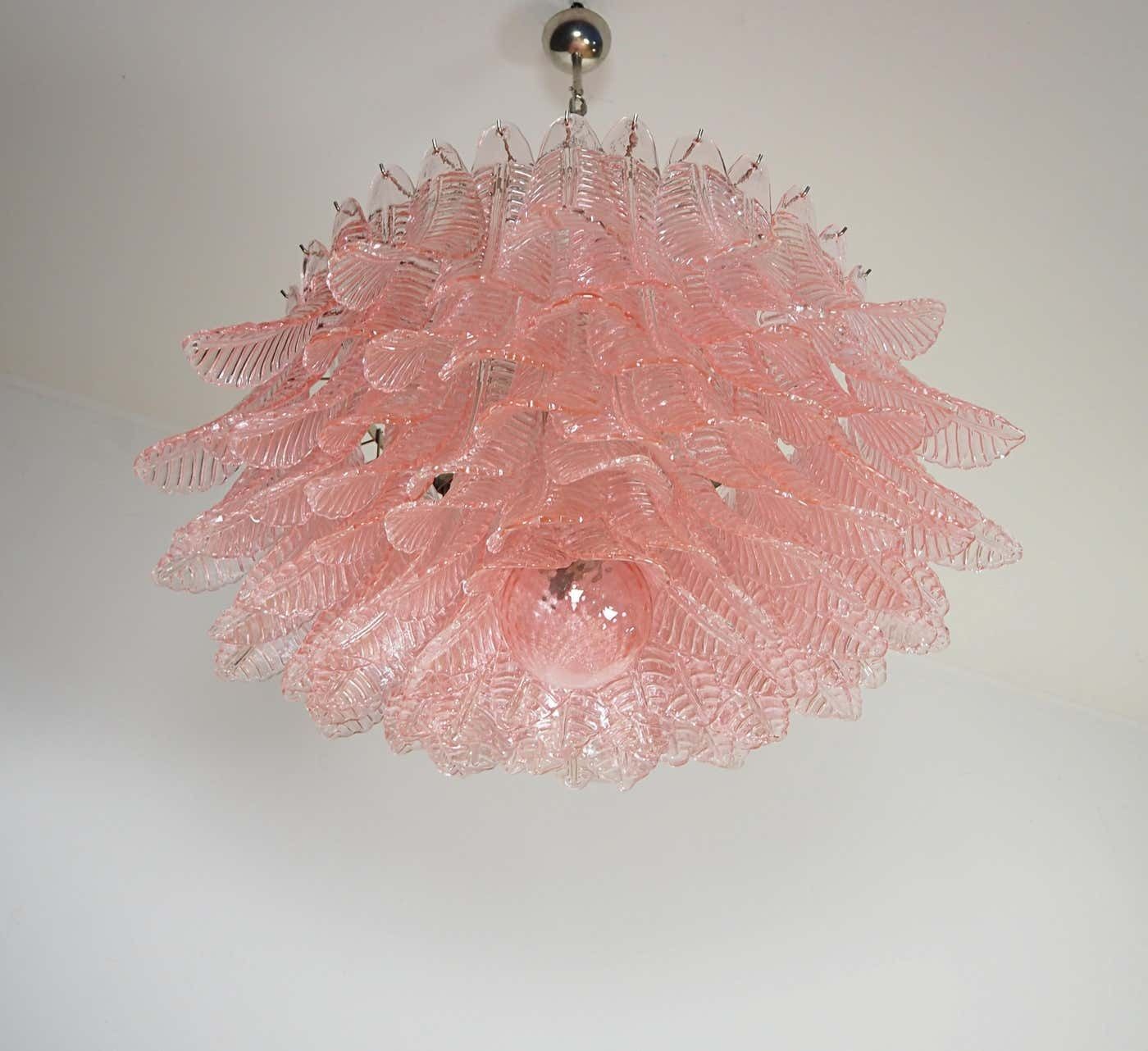 Pair Italian Pink Glass Ceiling Light Chandeliers, Murano, 1990 photo vintage