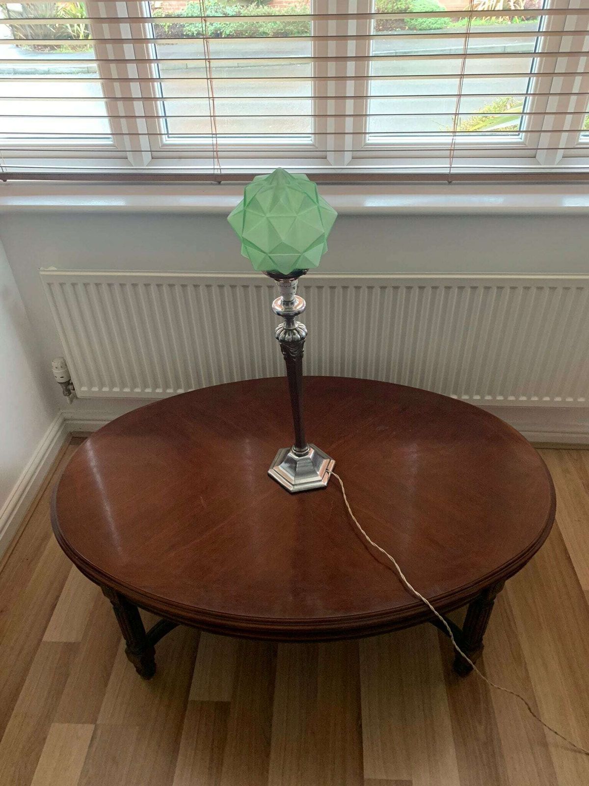 Extraordinary Large Original Uranium Art Deco Chrome & Green Icosahedron Frosted Vaseline Glass Table Lamp Working