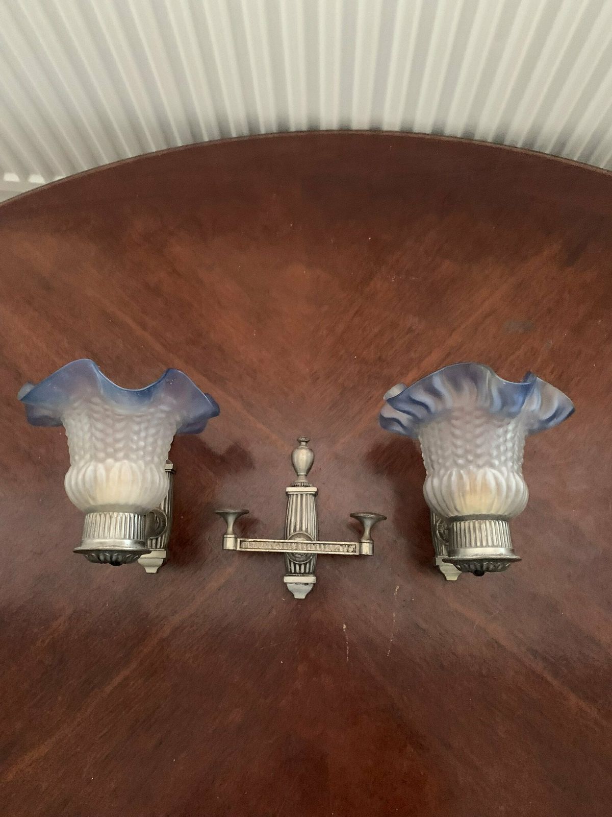 Pair Of Vintage 80s French Art Nouveau Style Blue & White Hallway Wall Lights/Sconces C/W Matching Coat Hooks