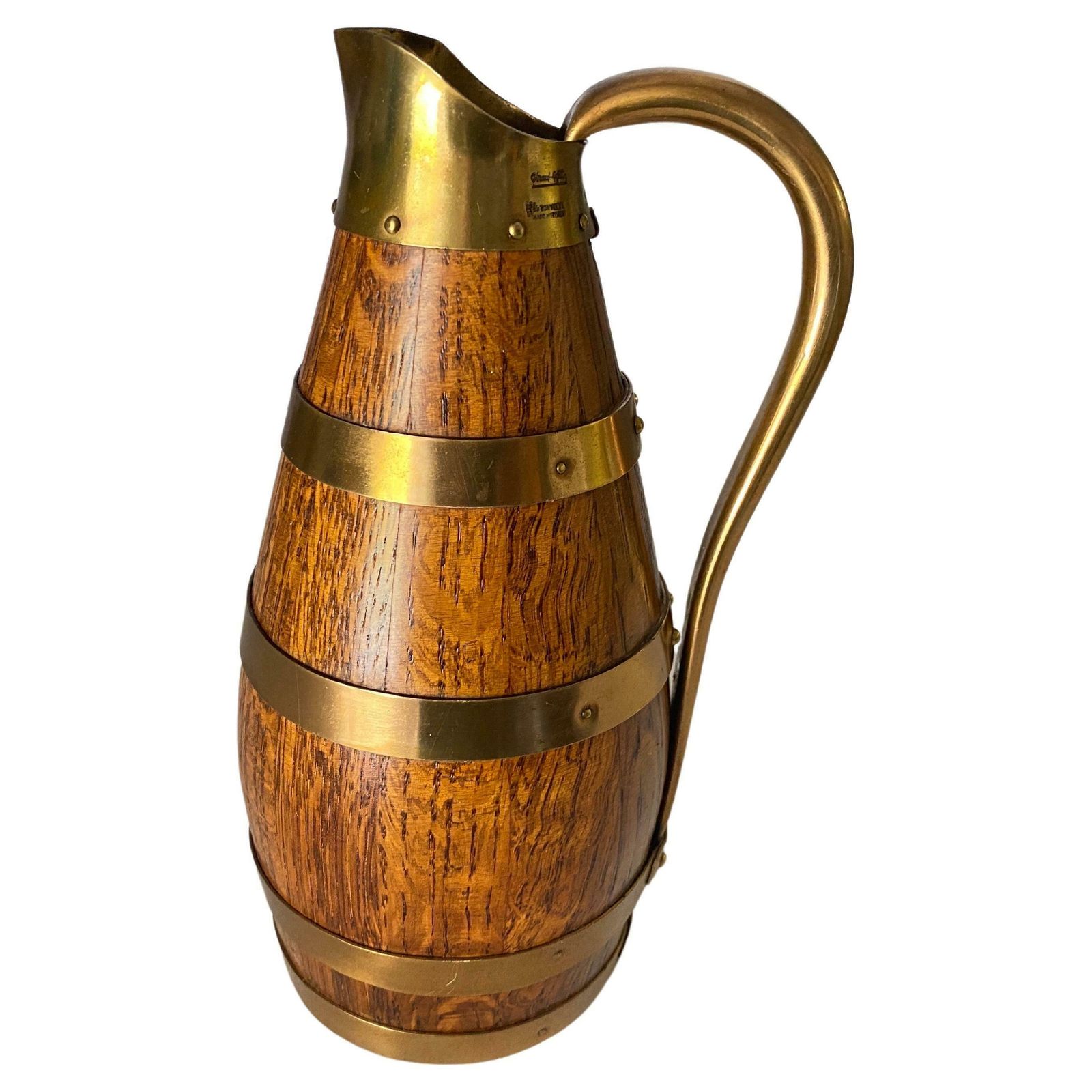 Gerard Lafitte Oak And Brass Barrel Form Pitcher Wooden Jug France 1933