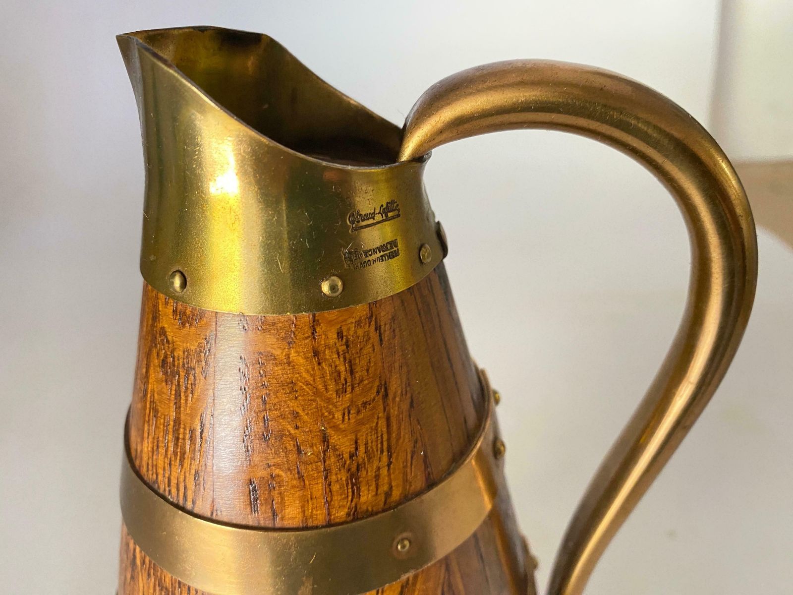 photo furniture Gerard Lafitte Oak And Brass Barrel Form Pitcher Wooden Jug France 1933