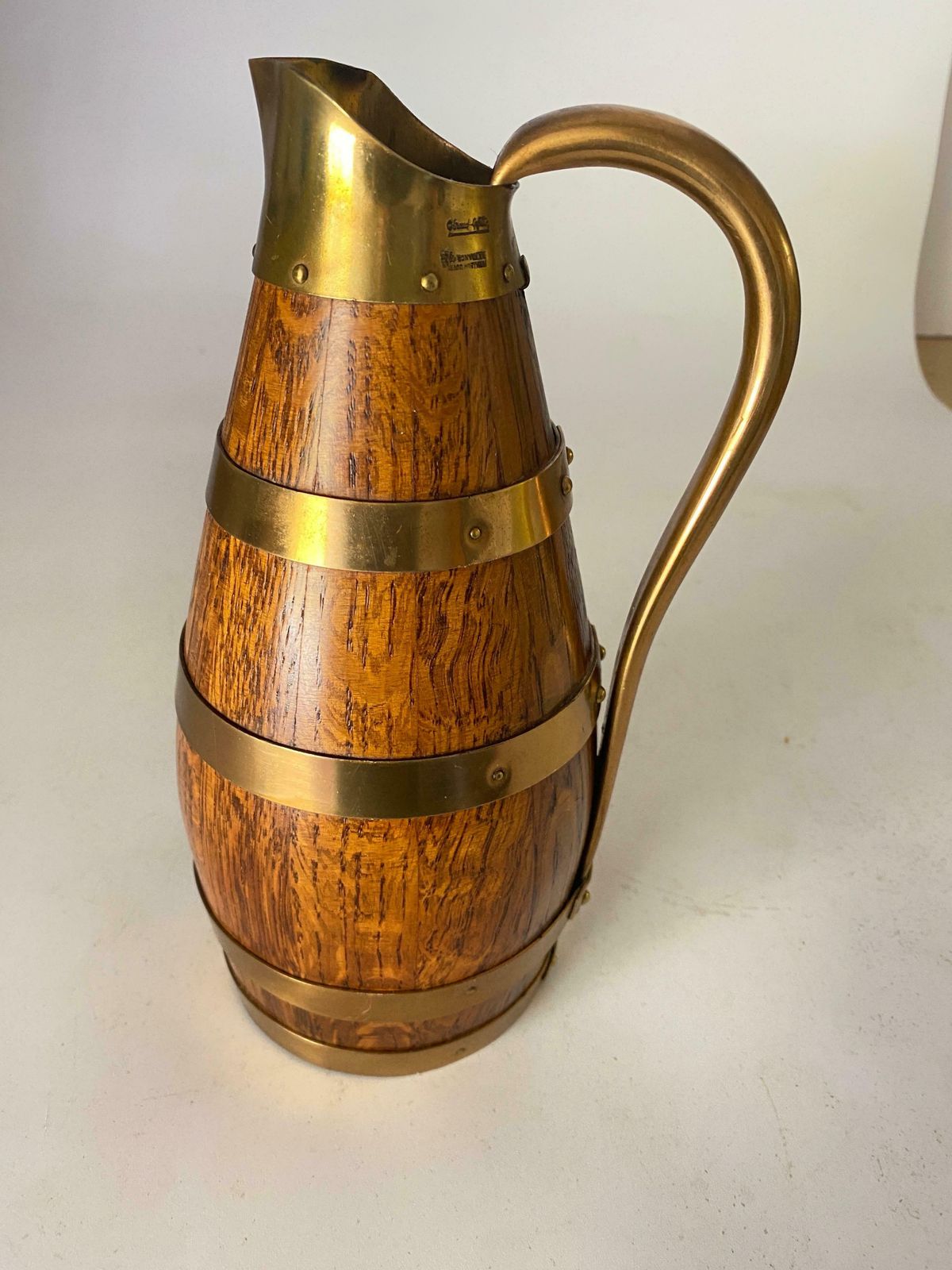 Home Decor Gerard Lafitte Oak And Brass Barrel Form Pitcher Wooden Jug France 1933 photo