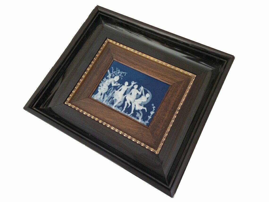 Limoges Porcelain Cameo Of Pan With Dancing Nymphs  Framed Mythology Ceramic Wall Art Hanging photo Art