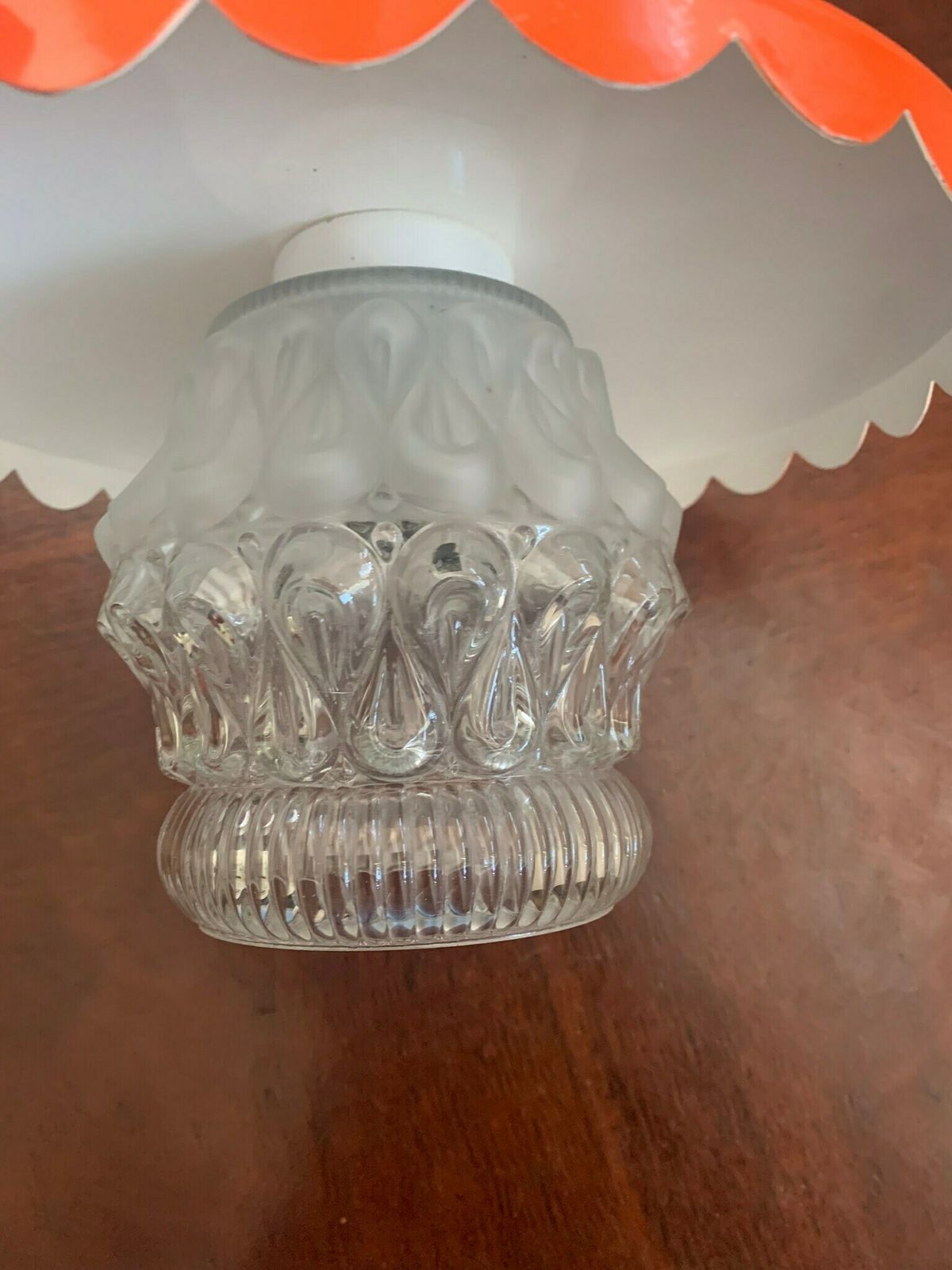 photo for sale Original Scarce Vintage French 60s Orange Enamel & Semi Frosted Kitchen Pendant Light.