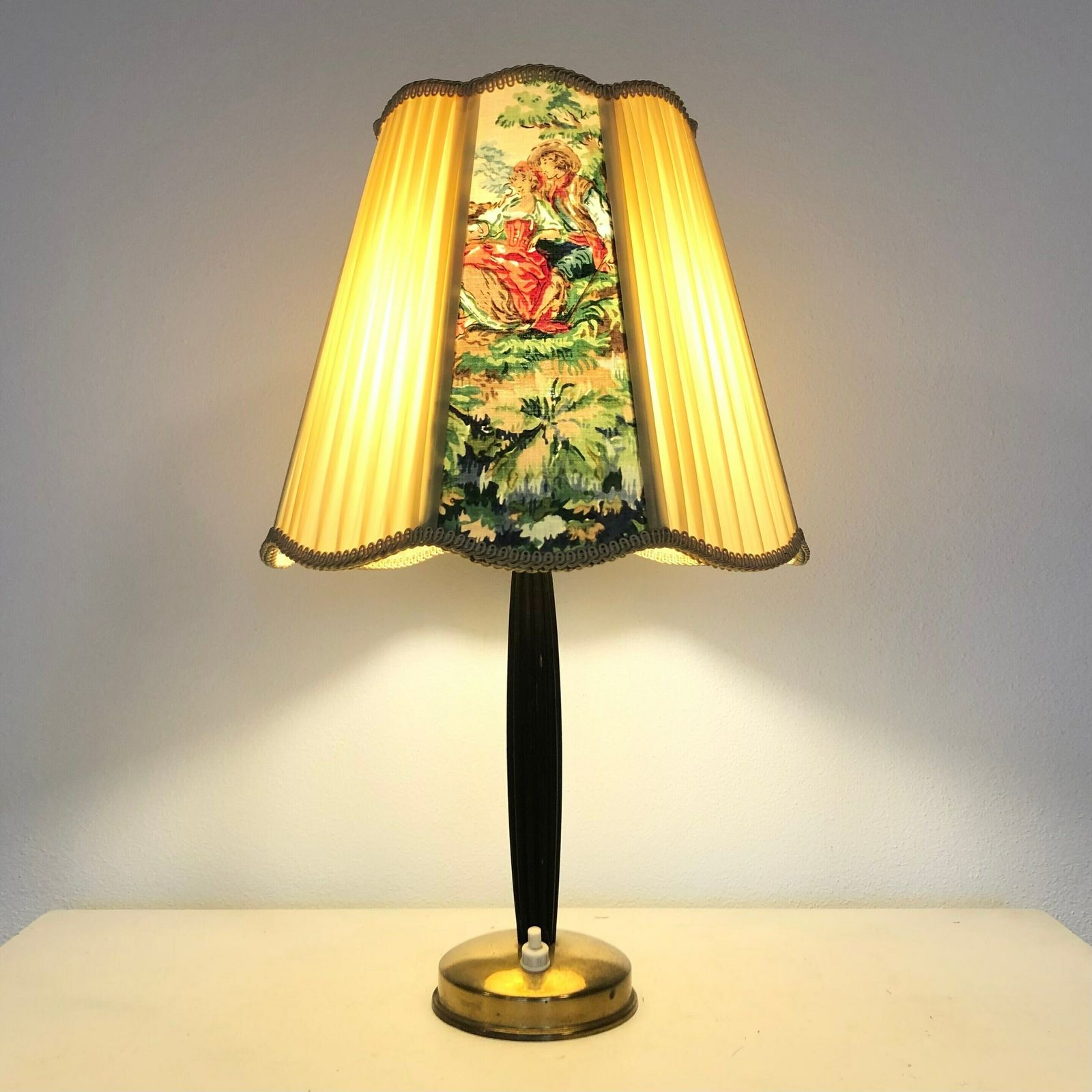 Danish Original Art Deco Design Wood And Brass Table Lamp With Vintage Painted Shade photo Lighting