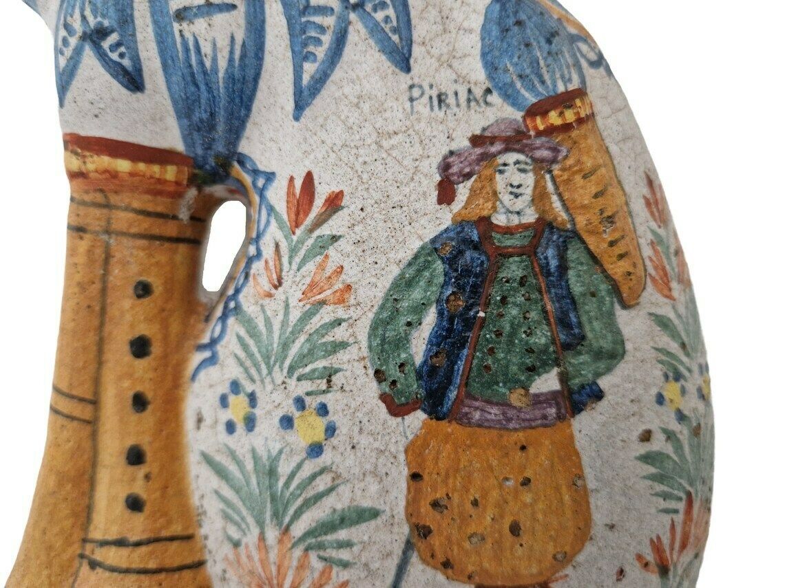 Henriot Quimper Faience Wall Pocket Bagpipe Vase, Hand Painted French Pottery Breton Souvenir photo vintage