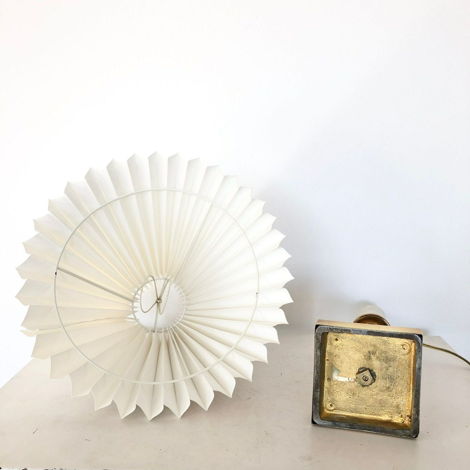 Danish Elegant Vintage Art Deco Table Lamp With Brass Base And White Pleated Shade photo buy