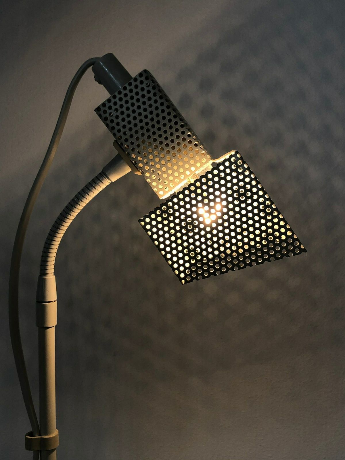 Original Cool Vintage Postmodern Abo Model “Nice” Danish Design Table Lamp In Perforated Metal With White Paint And Adjustable Shade photo furniture