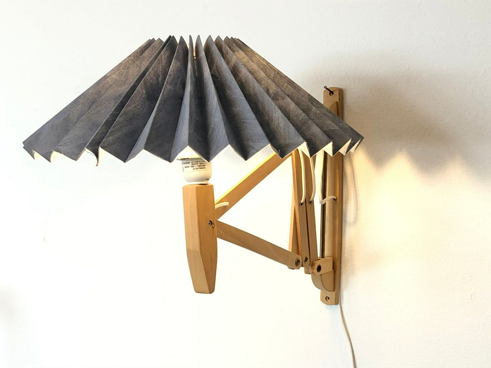 Mid Century Vintage Danalight Scissor Wall Lamp From Denmark In Wood With Blue Vintage Pleated Fabric Shade photo for sale