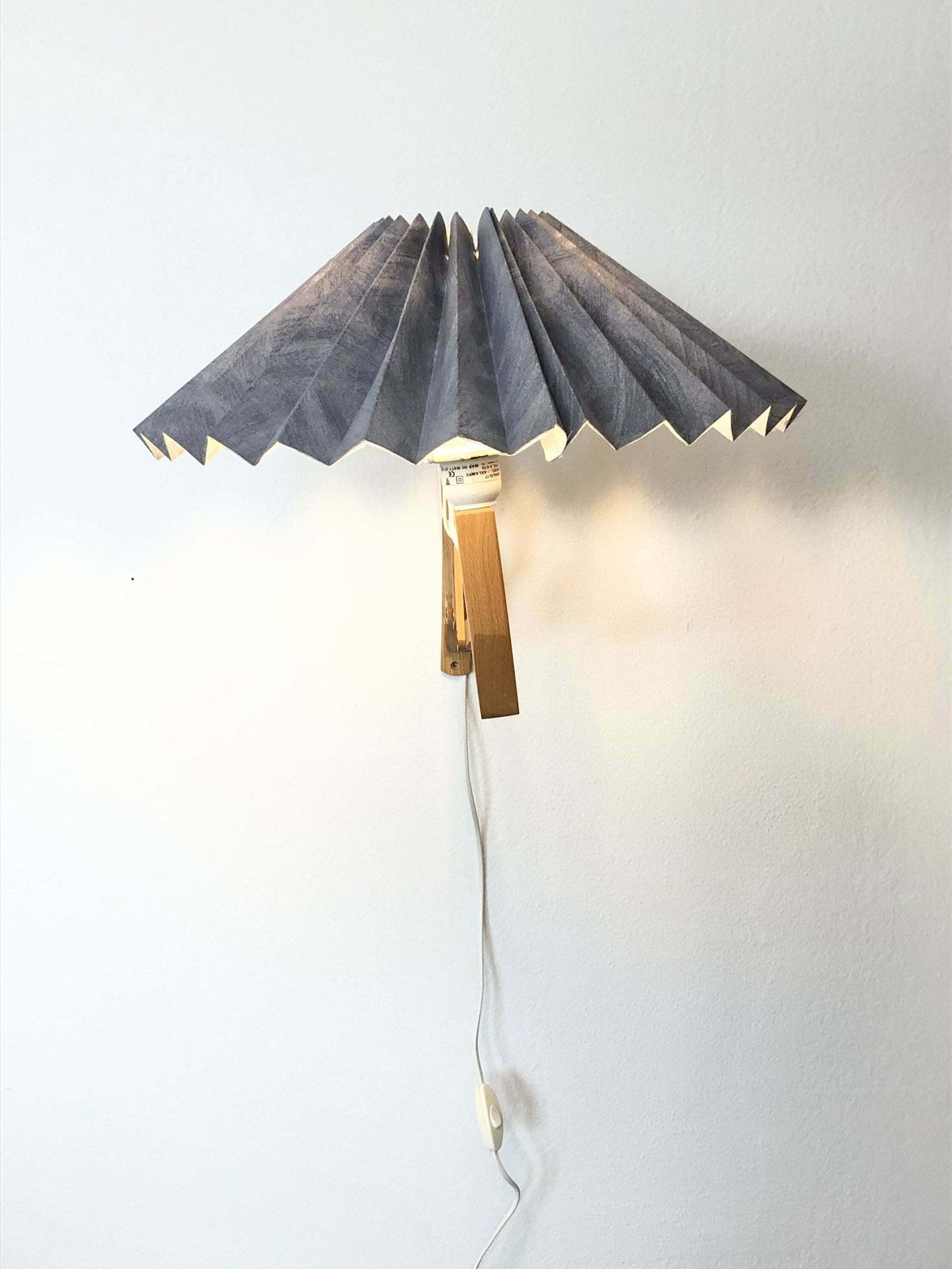Mid Century Vintage Danalight Scissor Wall Lamp From Denmark In Wood With Blue Vintage Pleated Fabric Shade photo 196.0
