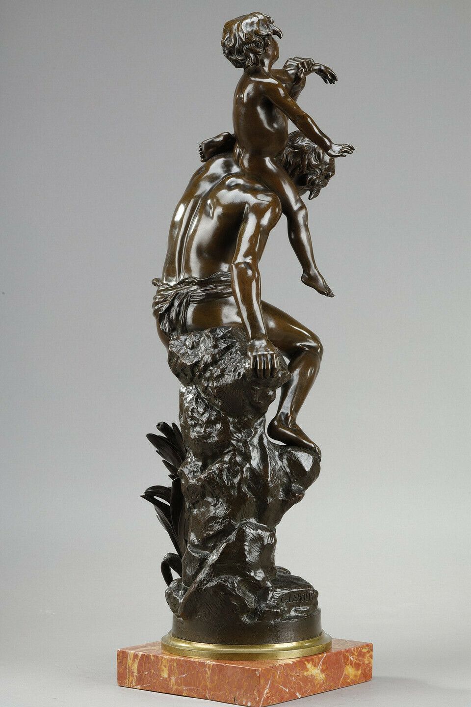 Brown Patina Bronze Of A Man Carrying A Child On His Back, By Gaston Leroux (1854 1942) photo buy