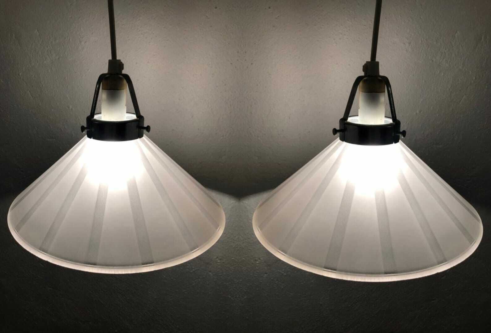 Pair Of Minimalist Danish Vintage Ceiling Lamps In Frosted And Tranparent Glass With Striped Pattern