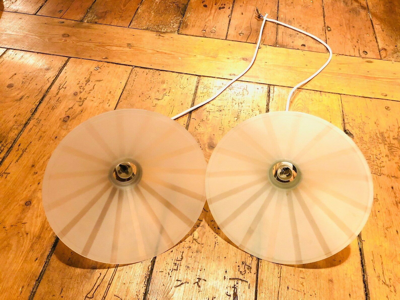 photo furniture Pair Of Minimalist Danish Vintage Ceiling Lamps In Frosted And Tranparent Glass With Striped Pattern