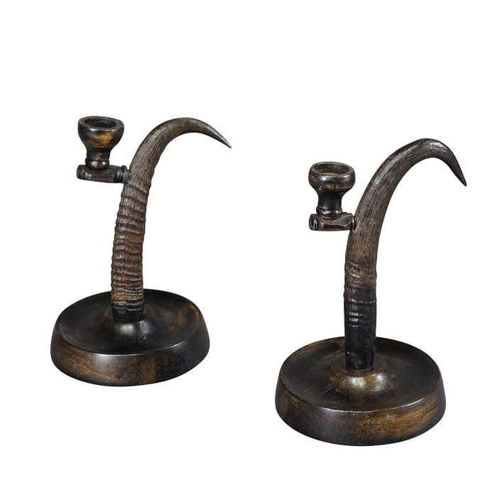 A Pair Lovely Antique Candle Holders With Chamois Horns photo furniture