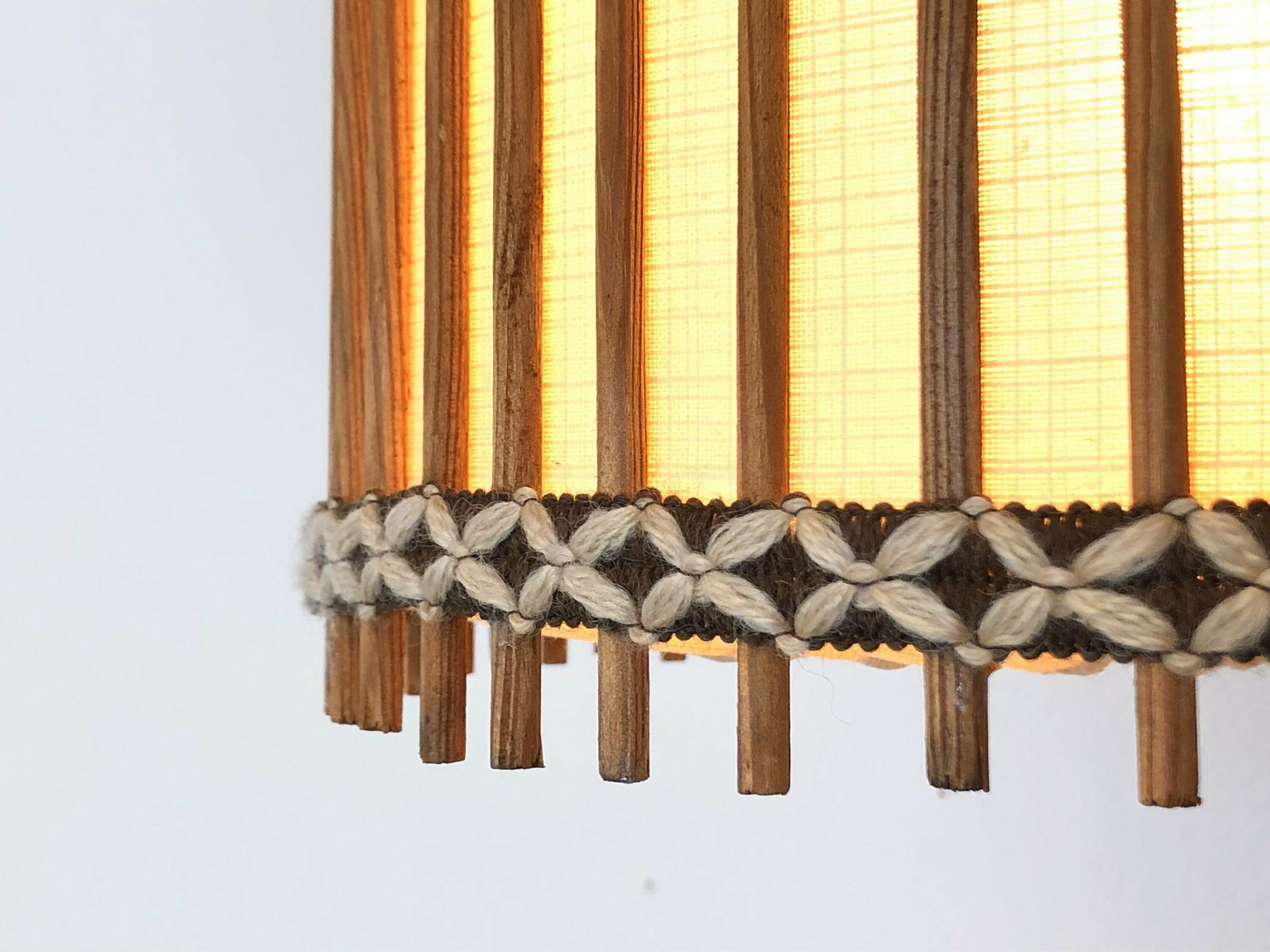photo furniture Danish Vintage Mid Century Ceiling Lamp With Beige Fabric Shade And Gorgeous Wood And Embroidery Details