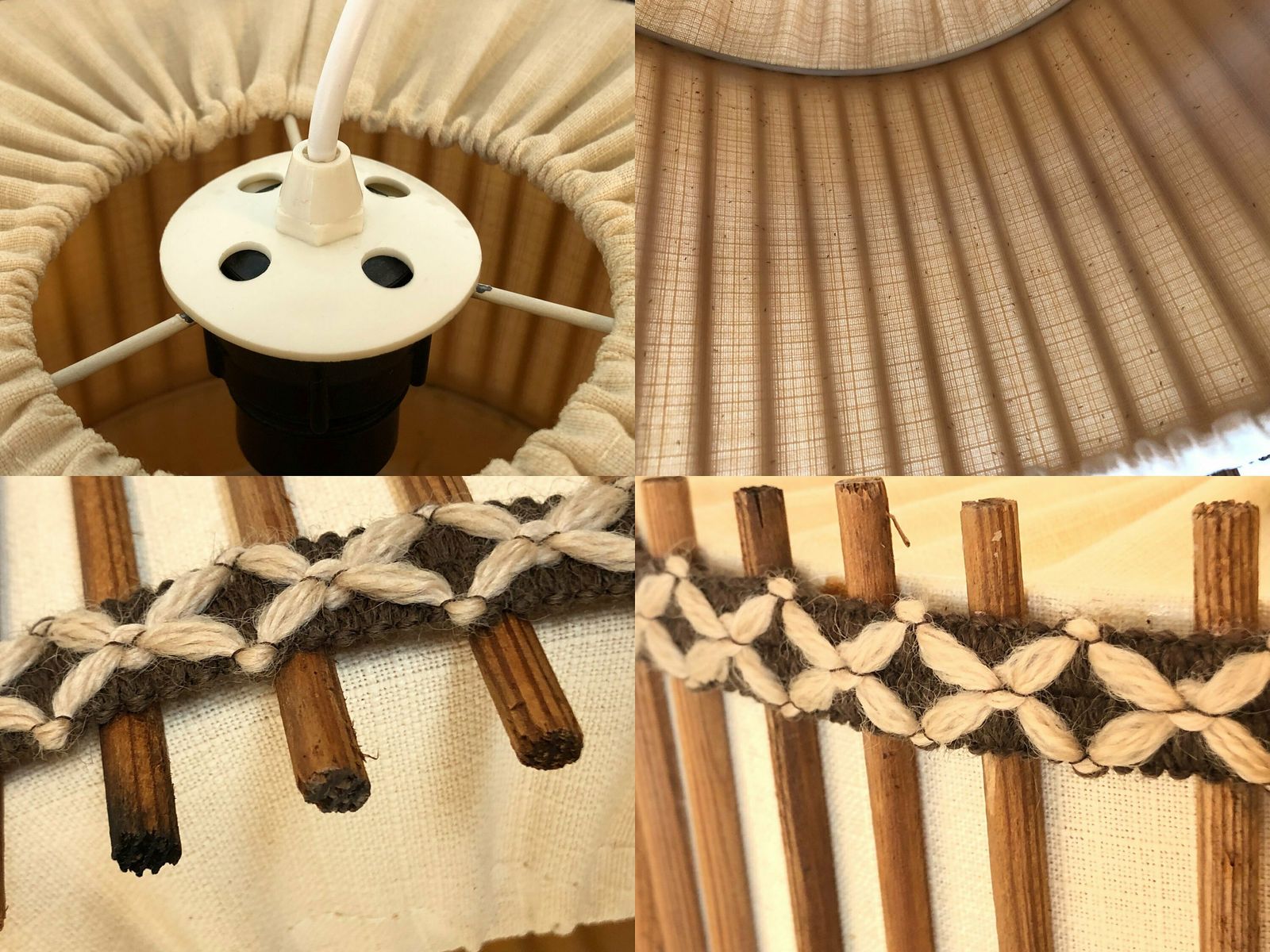 photo for sale Danish Vintage Mid Century Ceiling Lamp With Beige Fabric Shade And Gorgeous Wood And Embroidery Details