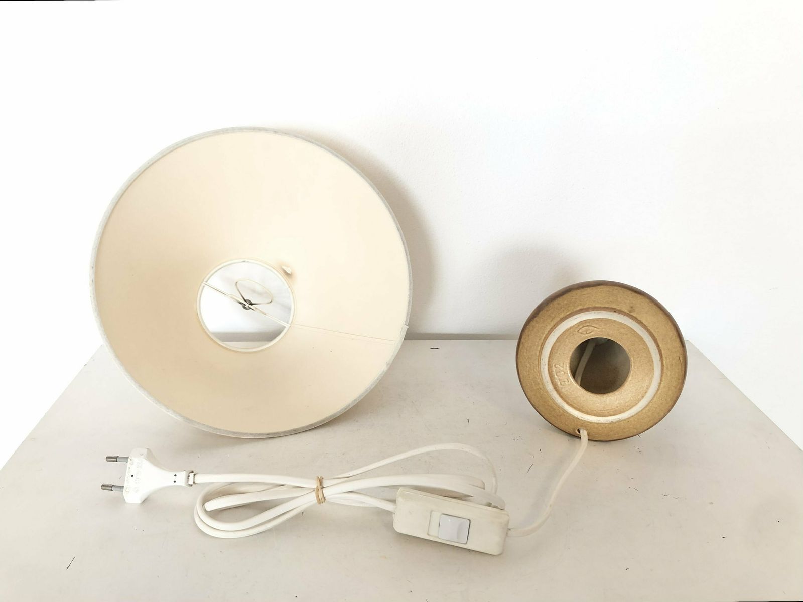 Beautiful Danish Stoneware Mid Century Table Lamp In Brown Glaze With Pattern And A Pleated Vintage Fabric Shade photo buy