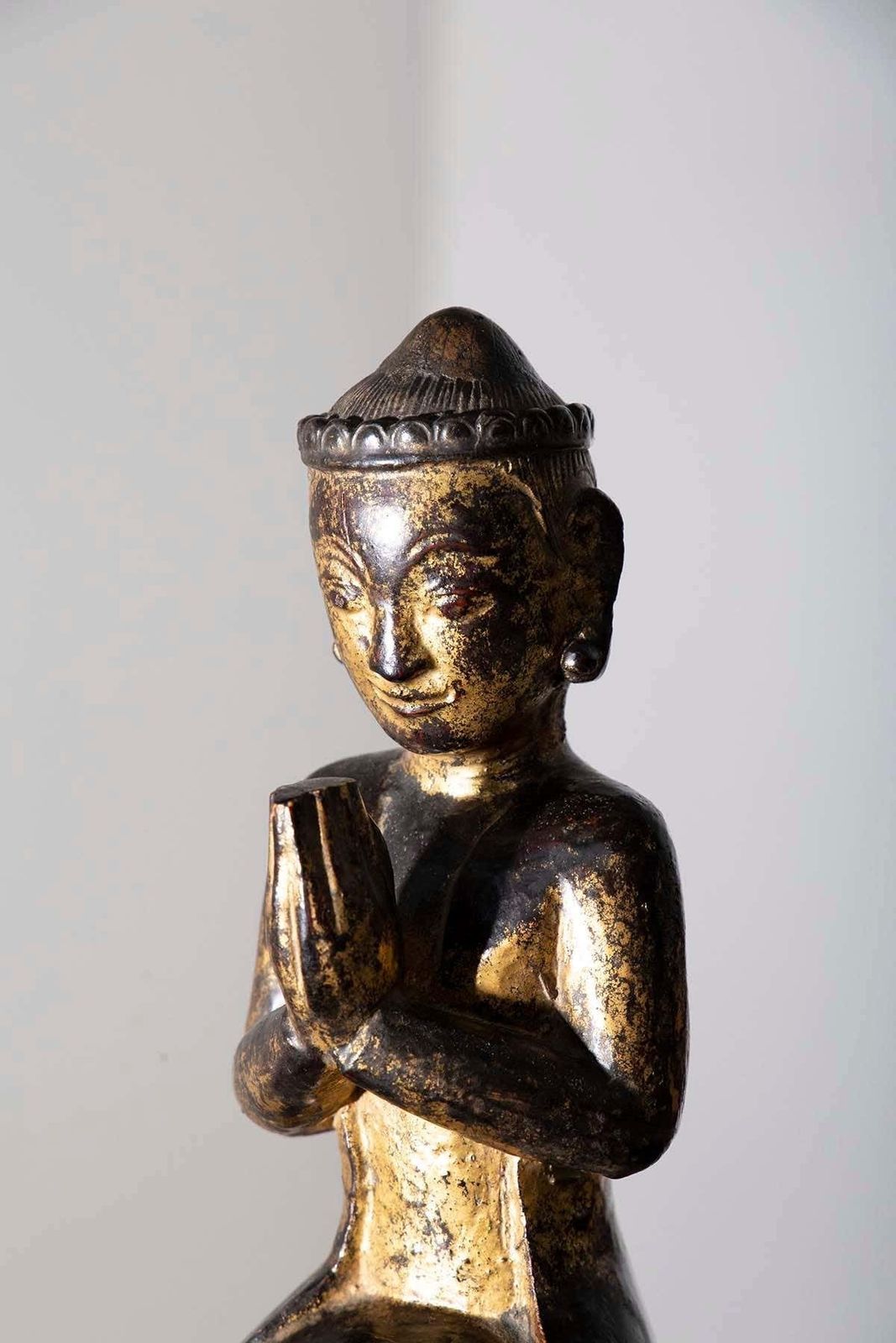 Lacquered Wooden Sculpture Depicting Burma Praying, Early 19th Century photo for sale