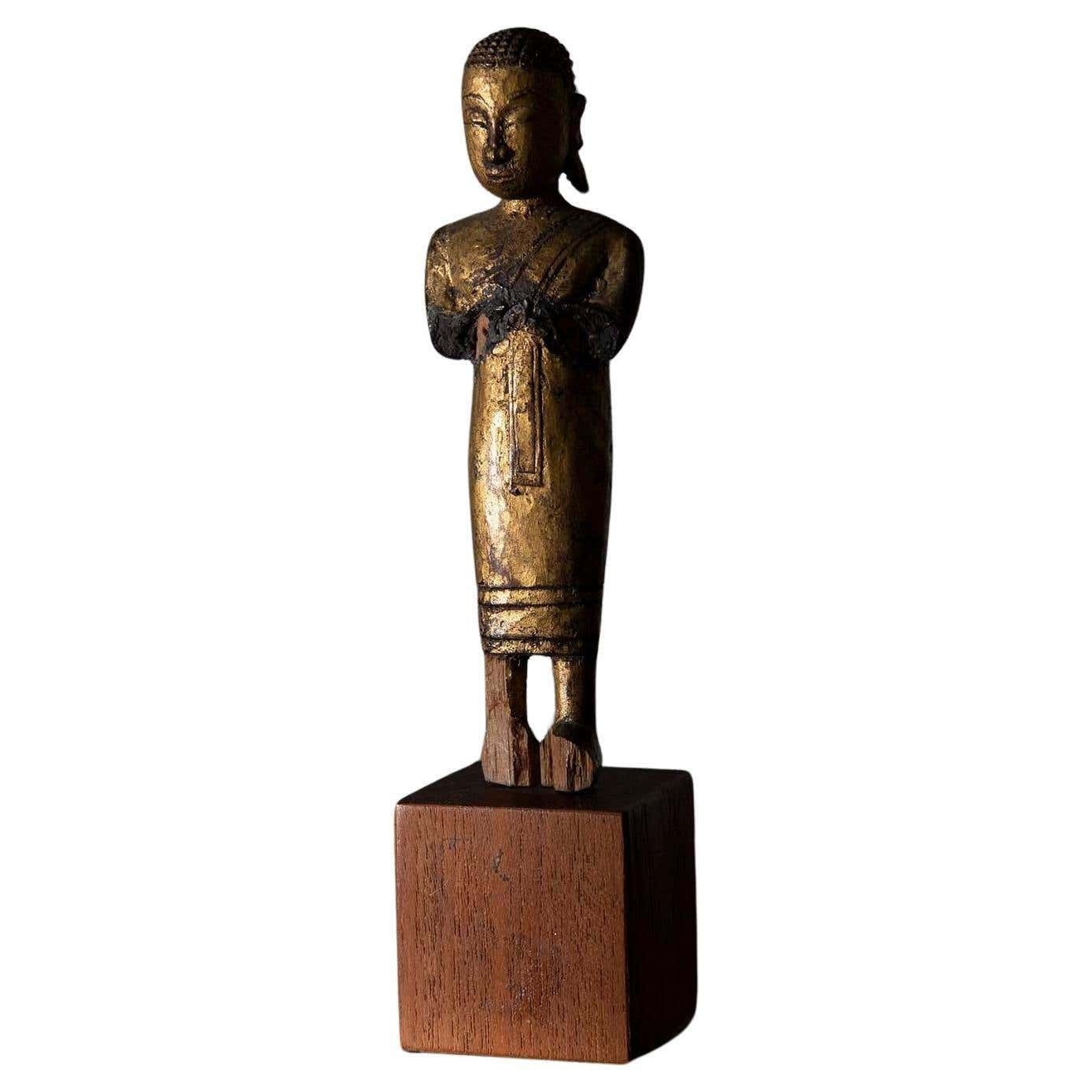 Sculpture Of A Buddhist Monk In Praying Wood Burma, 19th Century