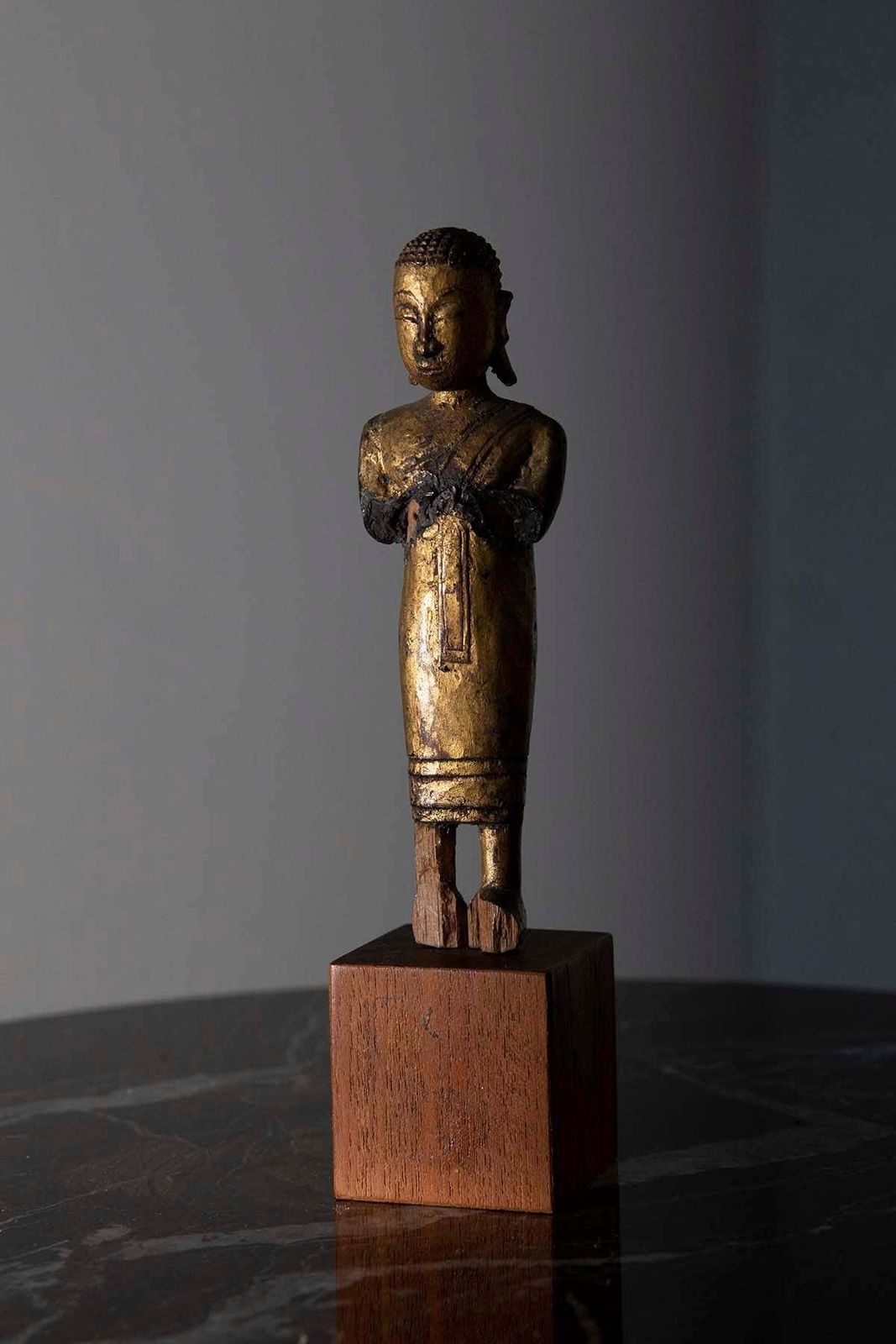 Sculpture Of A Buddhist Monk In Praying Wood Burma, 19th Century photo furniture