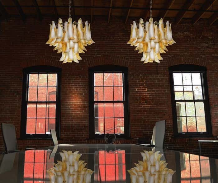 Pair Of Italian Caramello Petal Chandeliers, Murano photo furniture