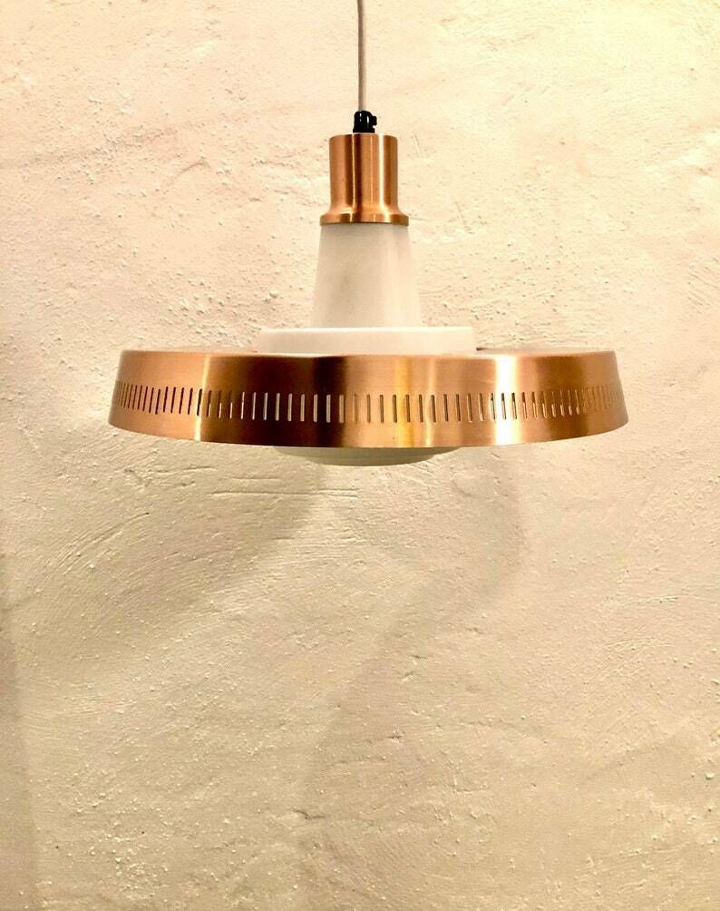 Mid Century Danish Copper Colored Ceiling Lamp With Opal Glass   Design From Lyfa photo Lighting