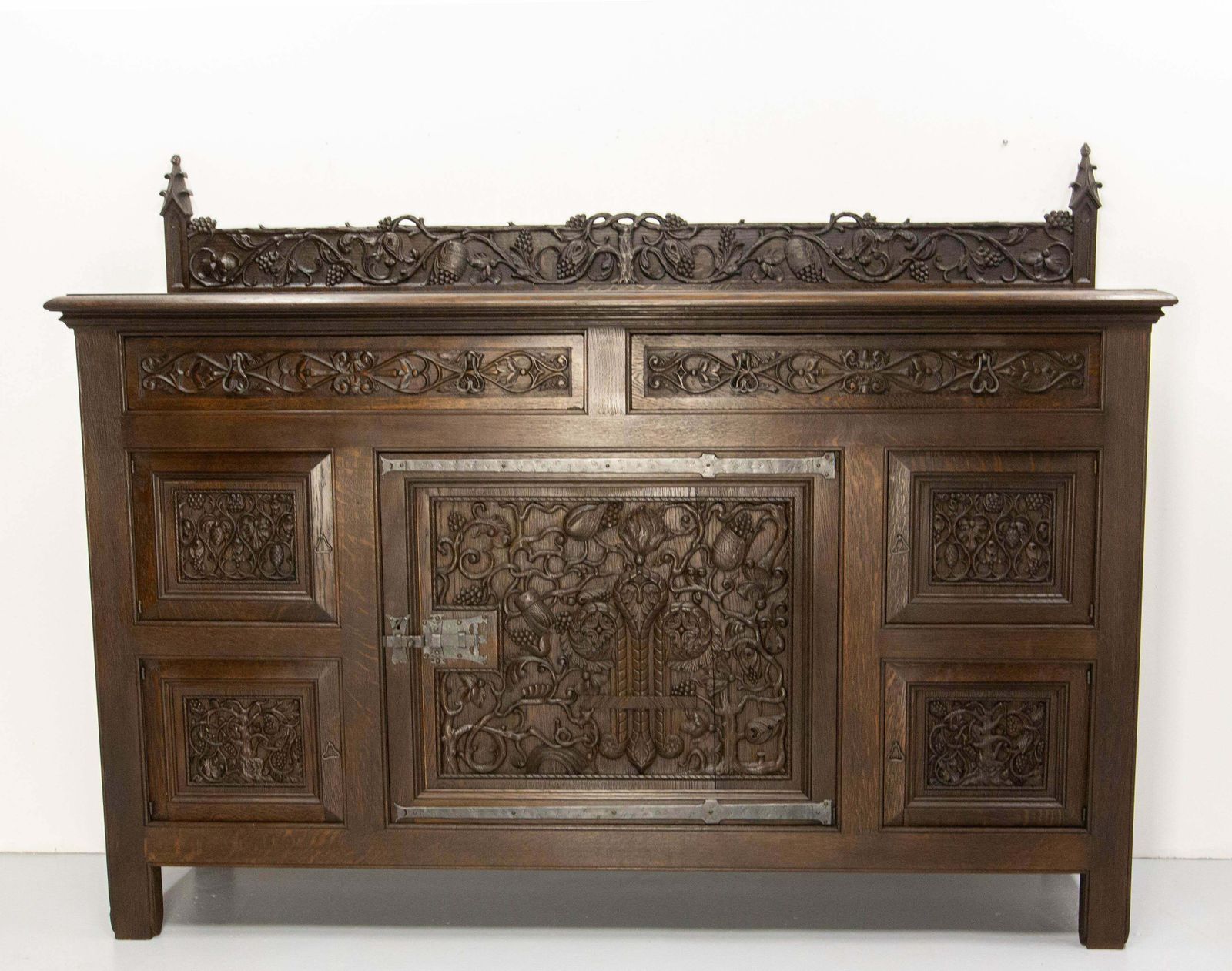 French Oak & Wrought Iron Buffet Neogothic St Tree Of Life Theme Early 20th C photo furniture