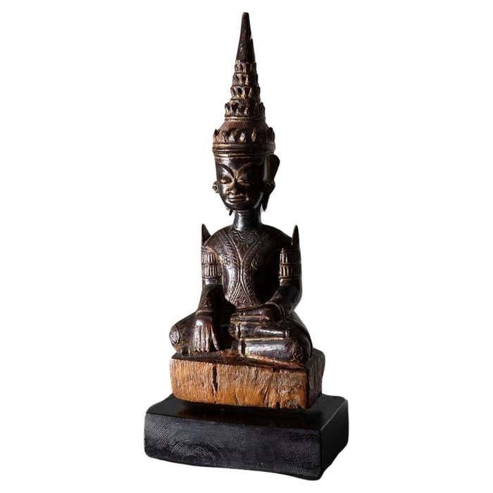 Antique Sculpture Wooden Buddha Mun From Thailand 19th Century