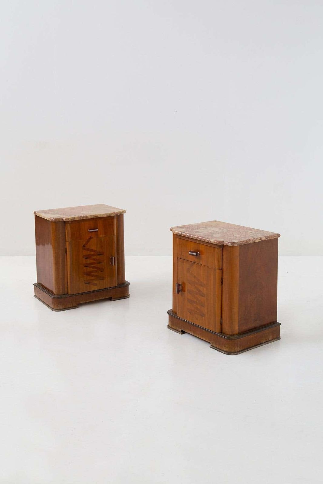 Pair Of Italian Futurist Bedside Tables In Marble And Wood, With Iconographic In photo for sale