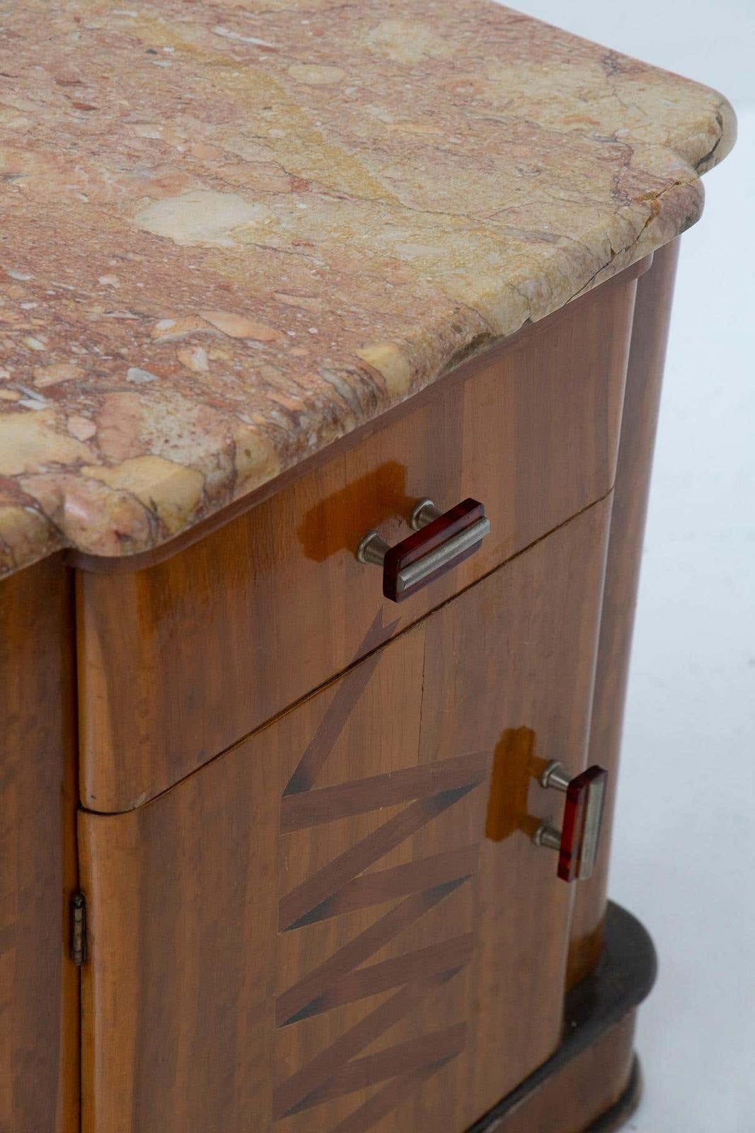 photo furniture Pair Of Italian Futurist Bedside Tables In Marble And Wood, With Iconographic In
