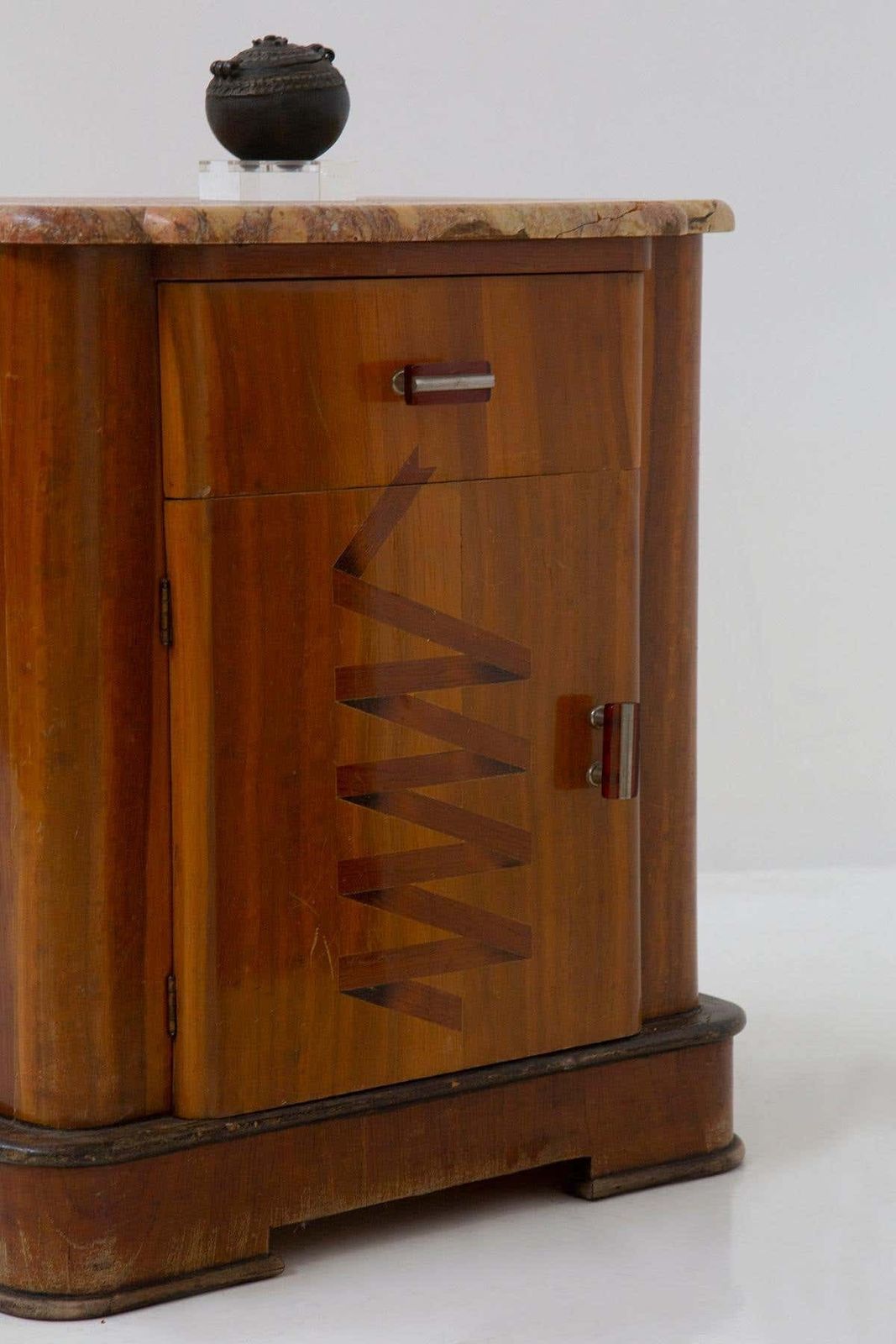 photo buy Pair Of Italian Futurist Bedside Tables In Marble And Wood, With Iconographic In