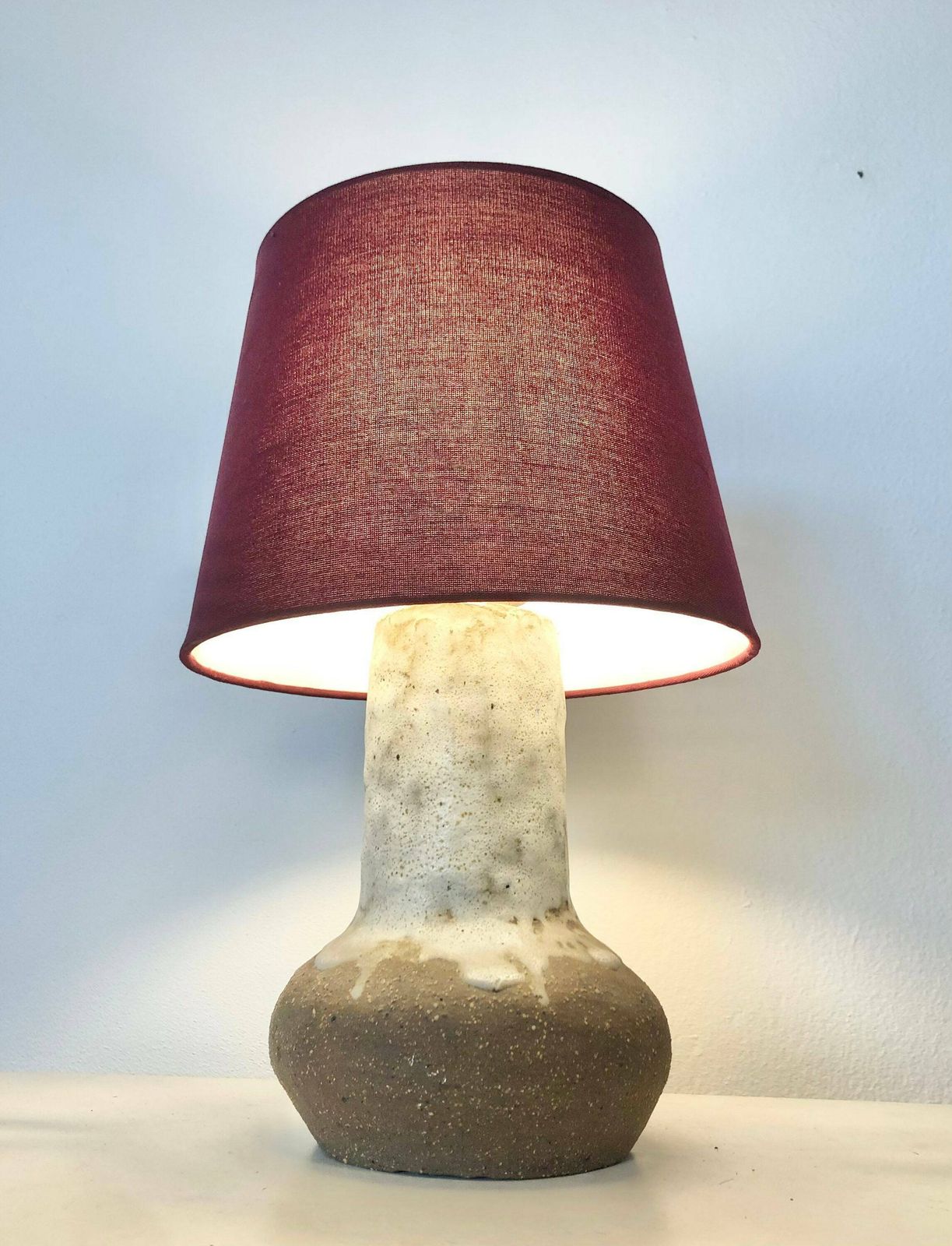 Danish Chunky Vintage Design Ceramic Table Lamp In Organic Shape With White Glaze On Raw Clay And Beautiful Purple Drum Shade photo furniture