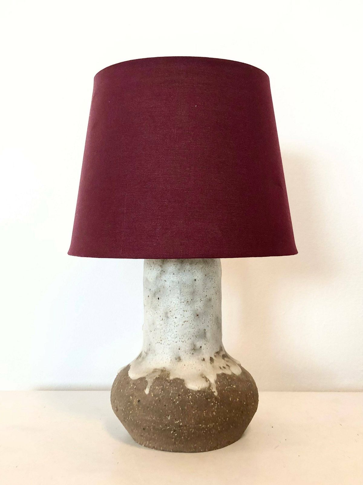 Danish Chunky Vintage Design Ceramic Table Lamp In Organic Shape With White Glaze On Raw Clay And Beautiful Purple Drum Shade photo 245.0