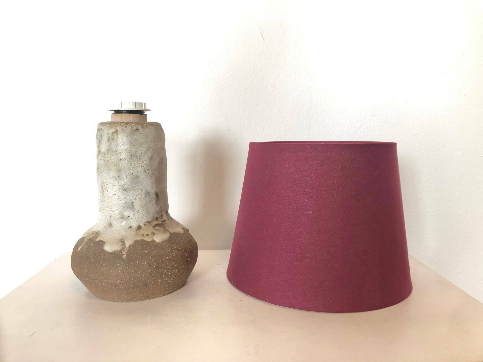 Danish Chunky Vintage Design Ceramic Table Lamp In Organic Shape With White Glaze On Raw Clay And Beautiful Purple Drum Shade photo vinterior