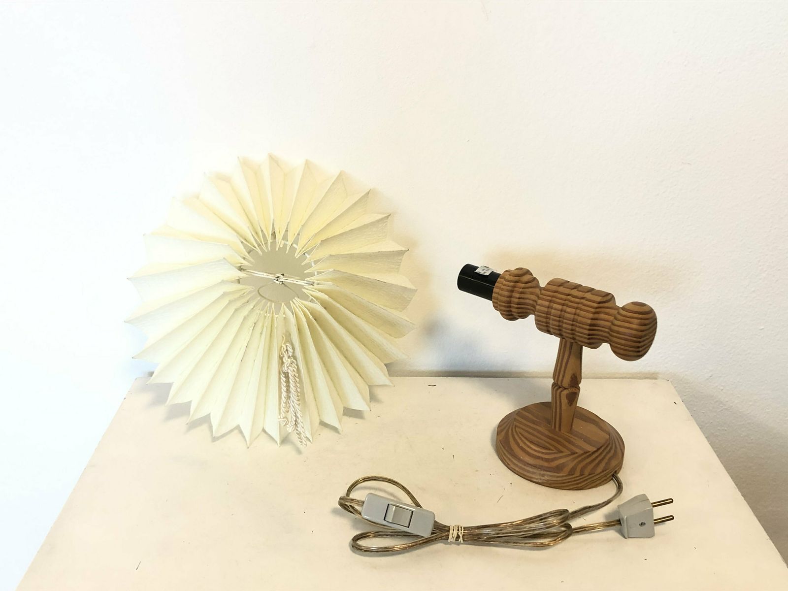 Beautiful Mid Century Danish Wooden Wall Lamp With Carvings And Vintage Beige Fabric Shade photo buy