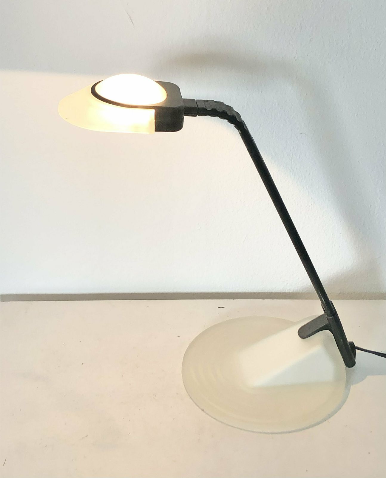 Italian 1980s Postmodern “Gaia Tavolo” Desk Lamp In White Glass And Black Plastic   Design By Marca Ladue For Nordlight, Italy photo furniture
