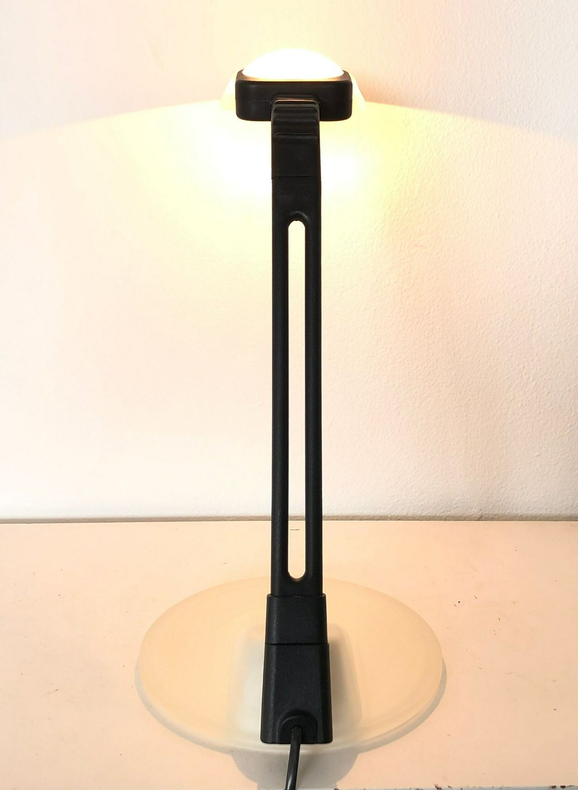 Italian 1980s Postmodern “Gaia Tavolo” Desk Lamp In White Glass And Black Plastic   Design By Marca Ladue For Nordlight, Italy photo for sale