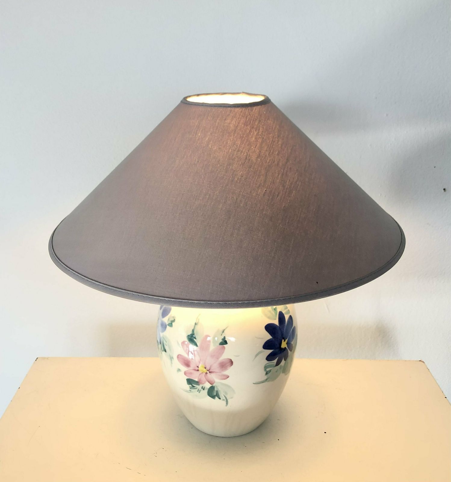 Danish Mid Century Table Lamp In Beautiful Off White Glazed Porcelain With Flower Decoration And Grey Vintage Fabric Shade   Design By Rd photo furniture