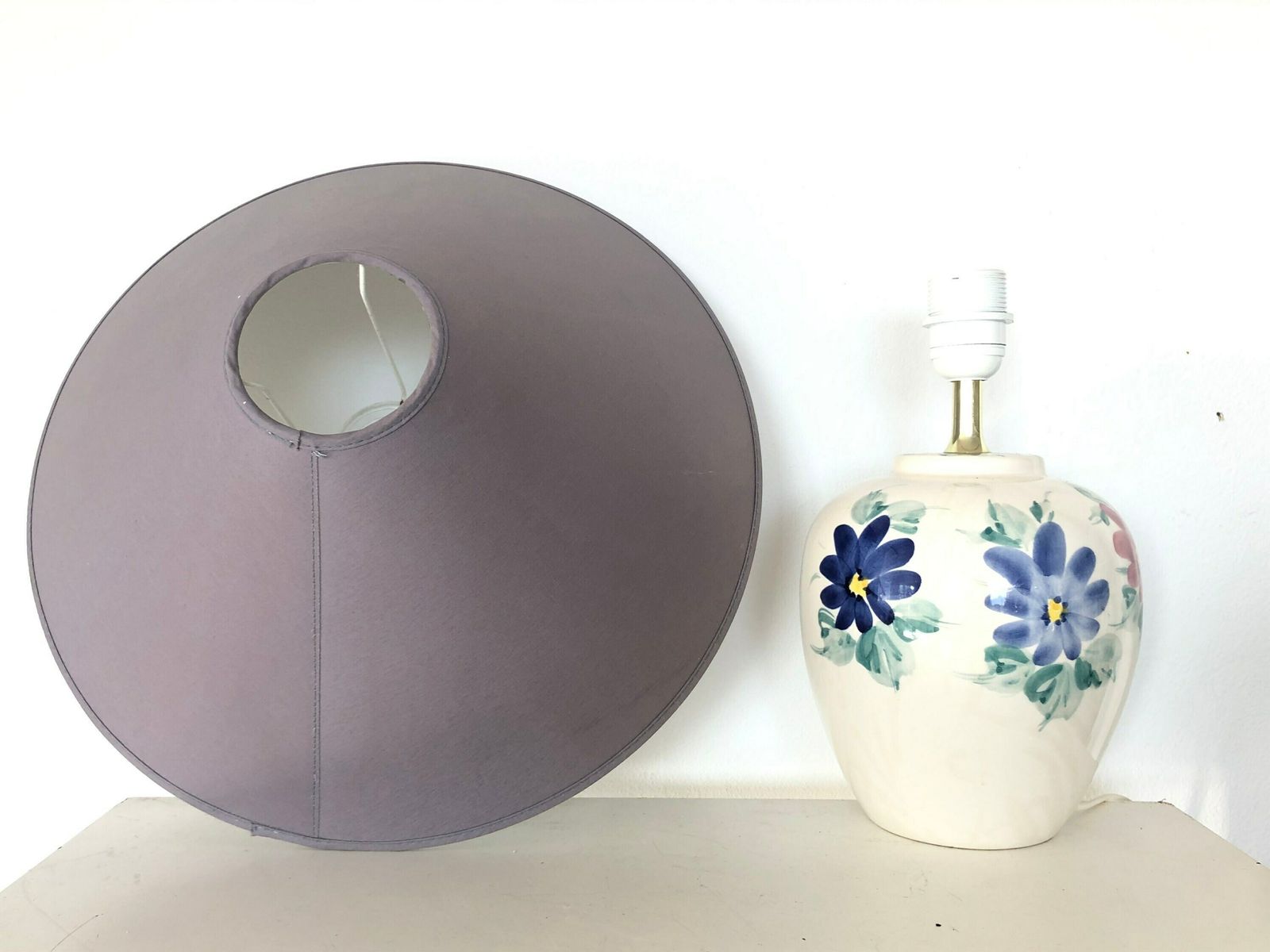 Danish Mid Century Table Lamp In Beautiful Off White Glazed Porcelain With Flower Decoration And Grey Vintage Fabric Shade   Design By Rd photo vinterior