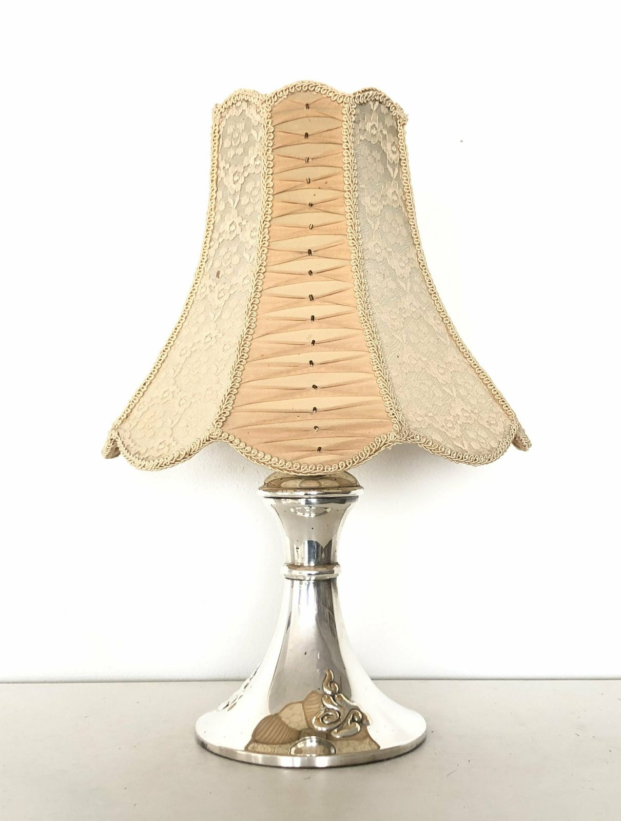 Danish Art Deco Silverplate Table Lamp In Organic Shape With Decoration And Beautiful Lace And Fabric Shade   Design By Hags, Denmark photo furniture