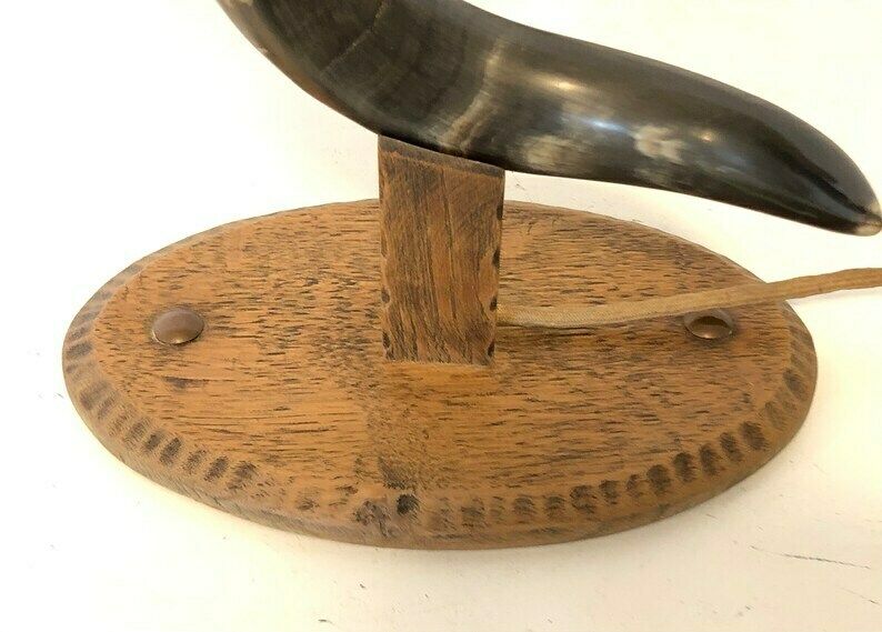 Beautiful Early Mid Century Danish Horn And Wood Table Lamp With Beautiful Shapes And Vintage Beige Lace Fabric Shade photo vintage