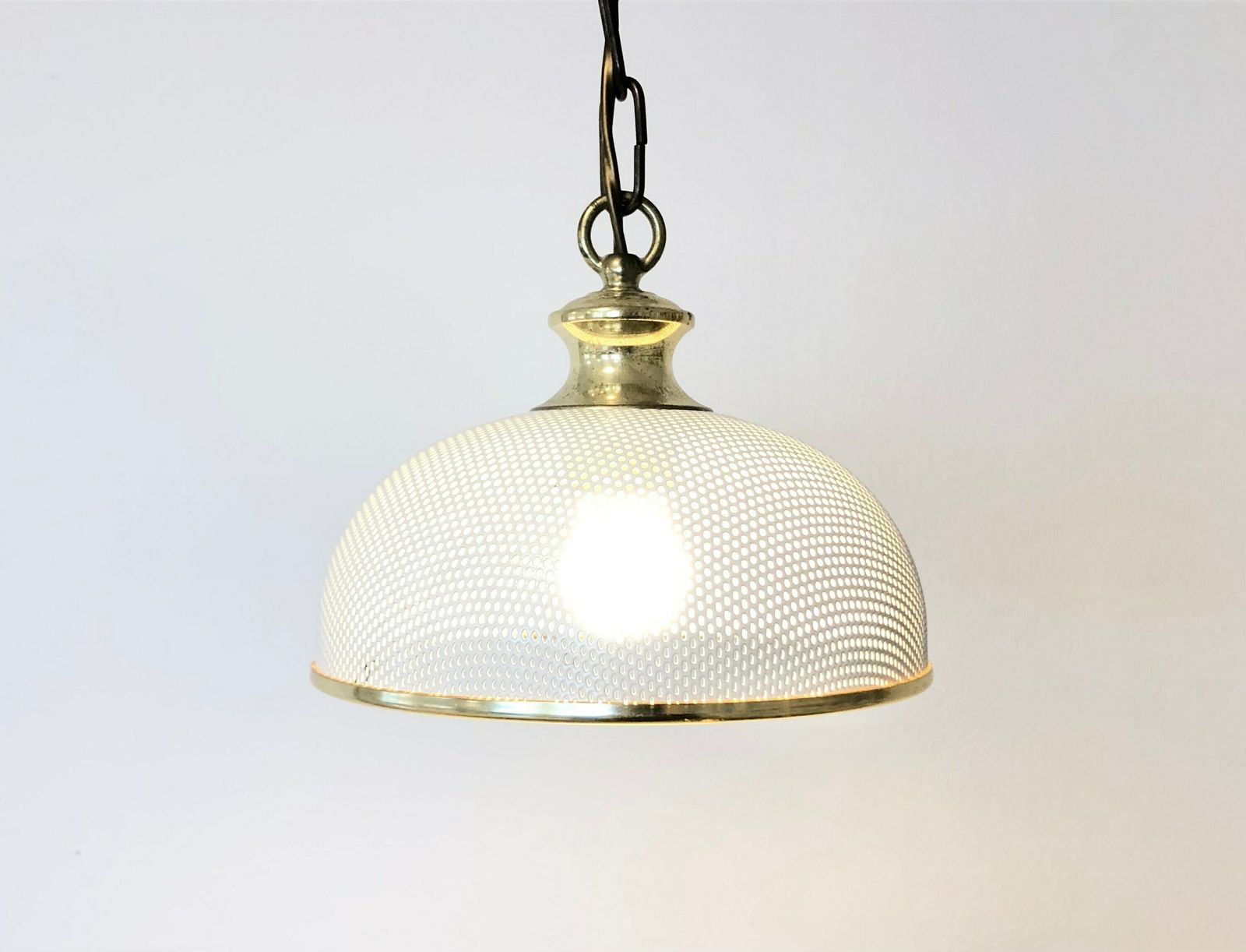 Danish Vintage Ceiling Lamp In White Perforated Metal And Great Design Details In Brass And Gold